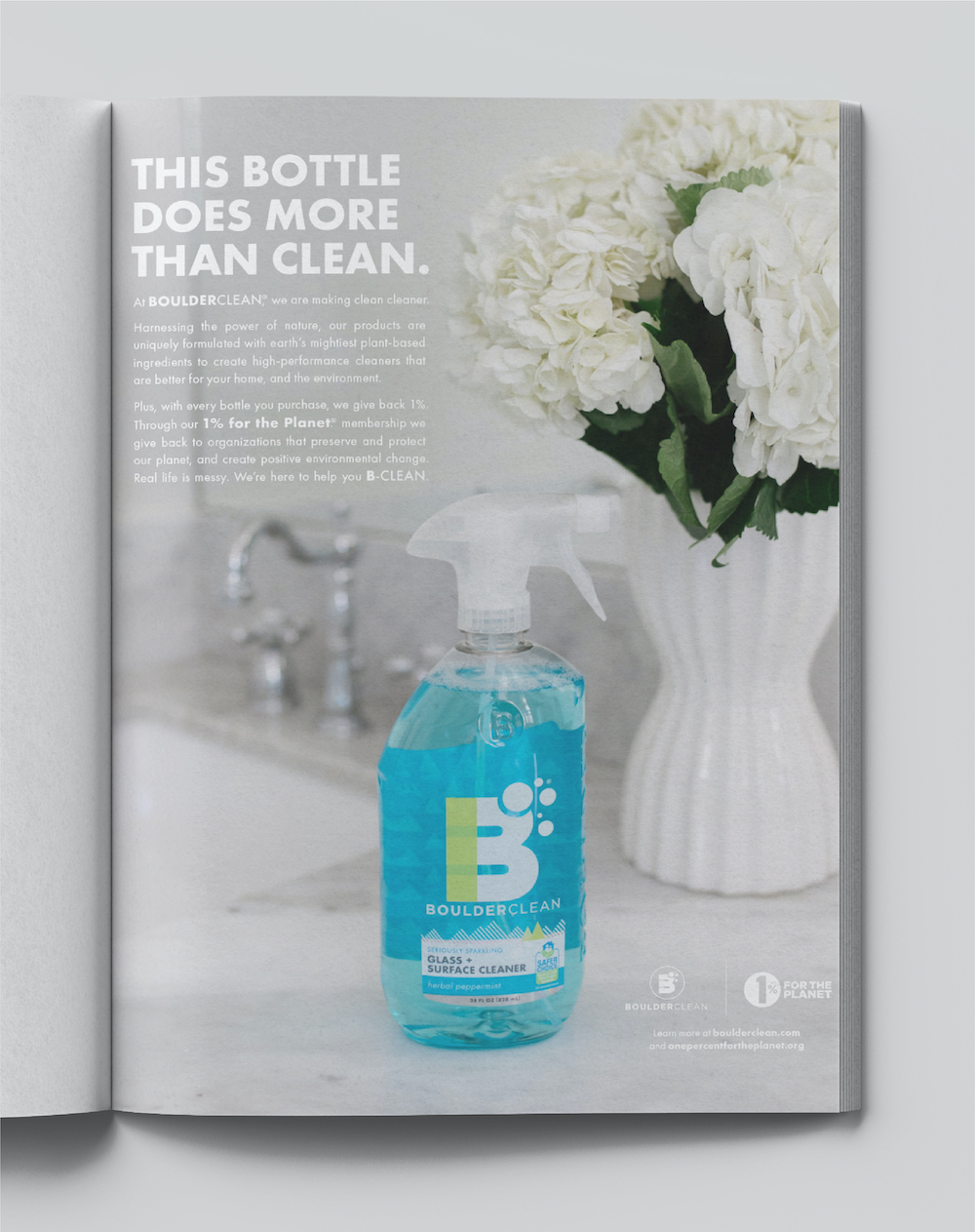 Boulder Clean print advertisement featuring 1% For The Planet partnership.