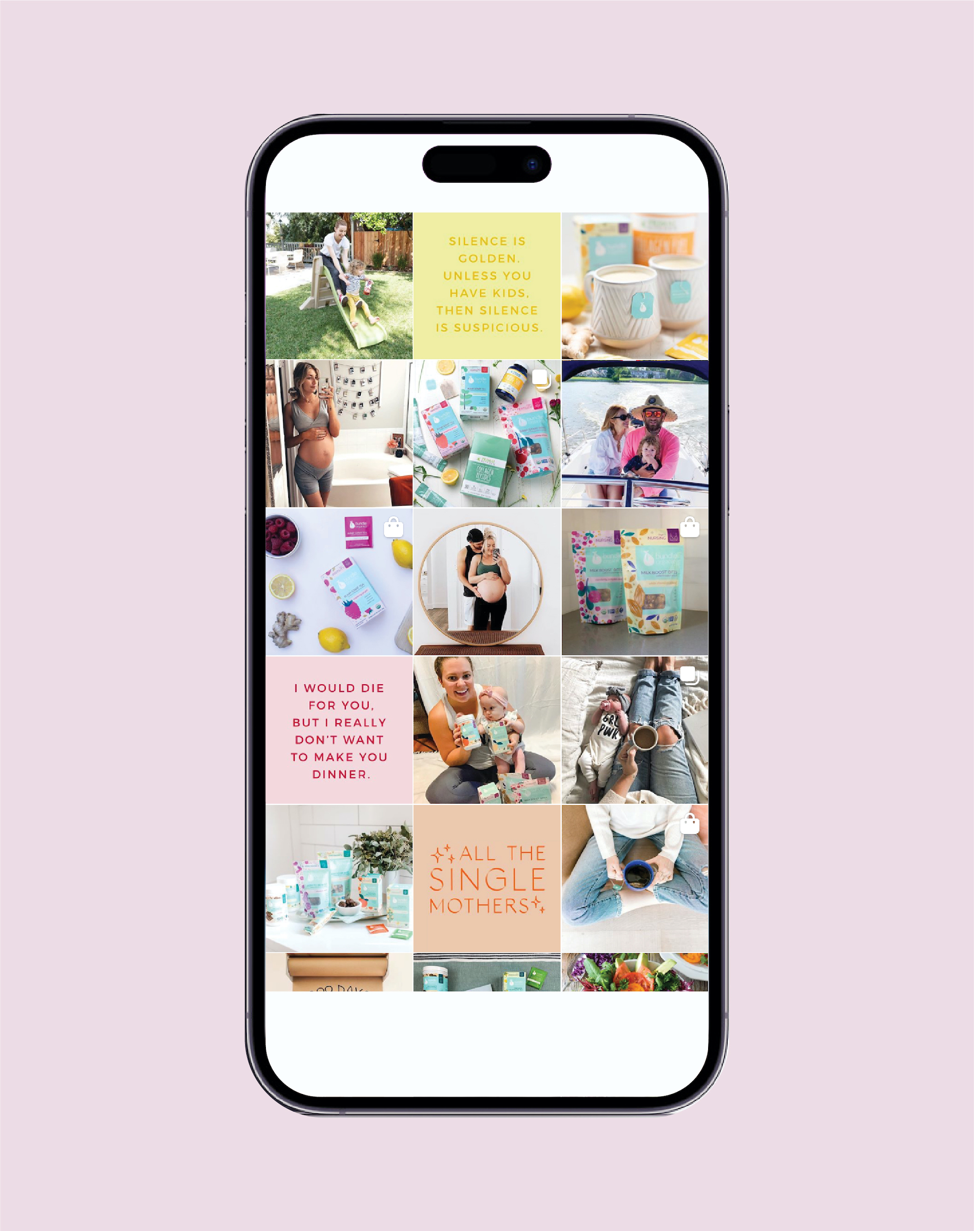 iPhone displaying a grid of social images representing motherhood, mom humor, and Bundle Organics products.
