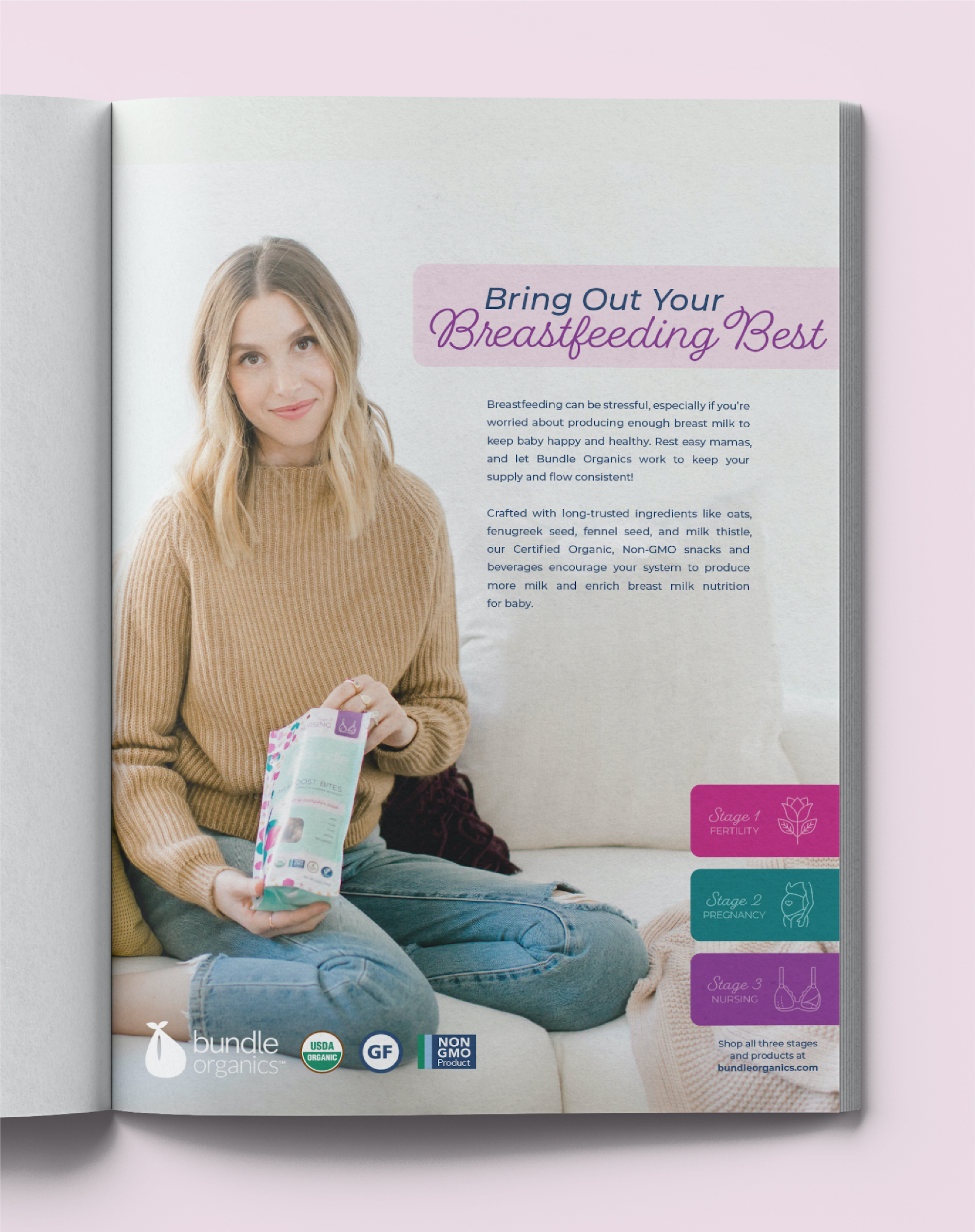 Magazine open to an ad for Bundle Organics including an image of co-founder Whitney Port and a snack product for nursing and breastfeeding support.