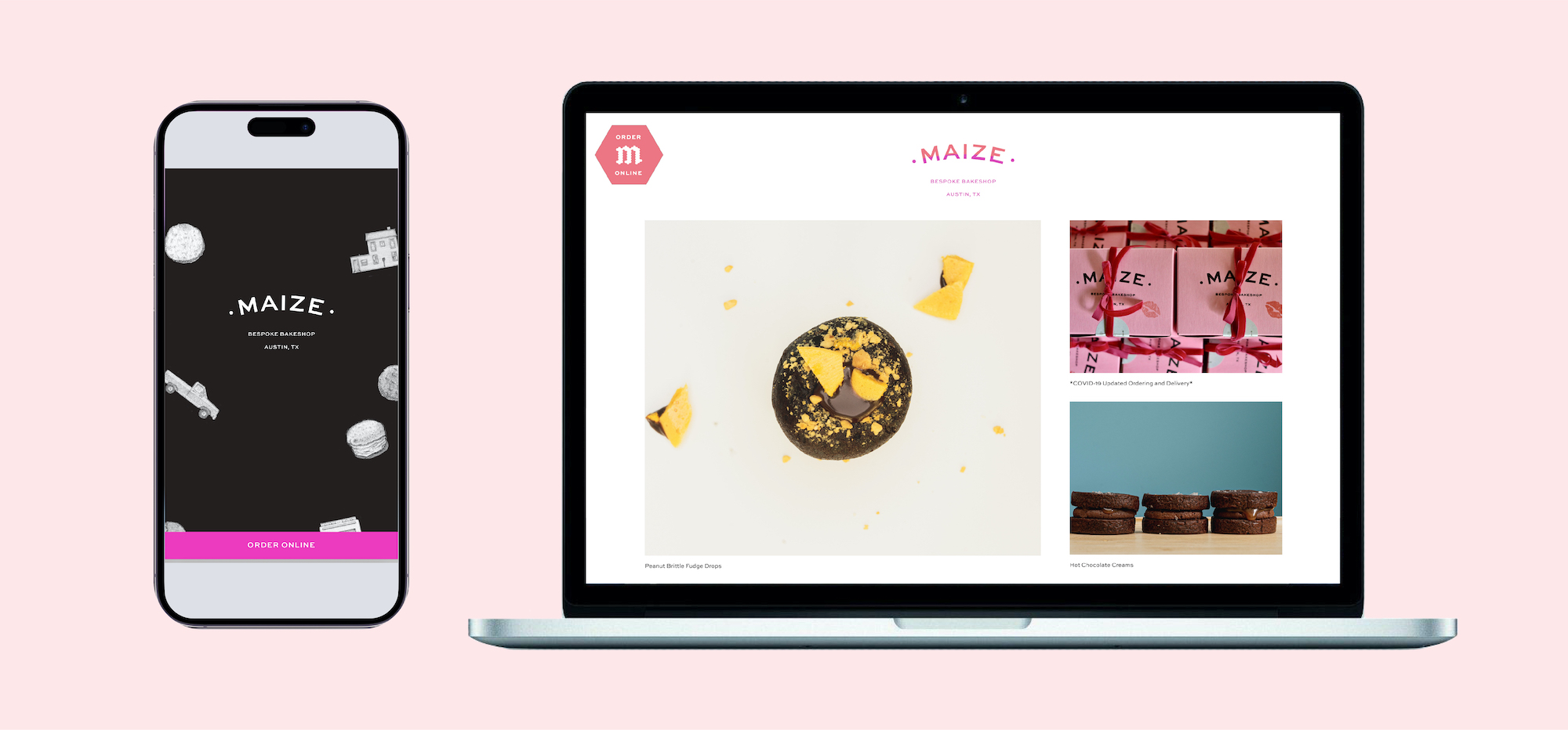 Maize Bakery website, mobile and desktop views featuring branding elements.